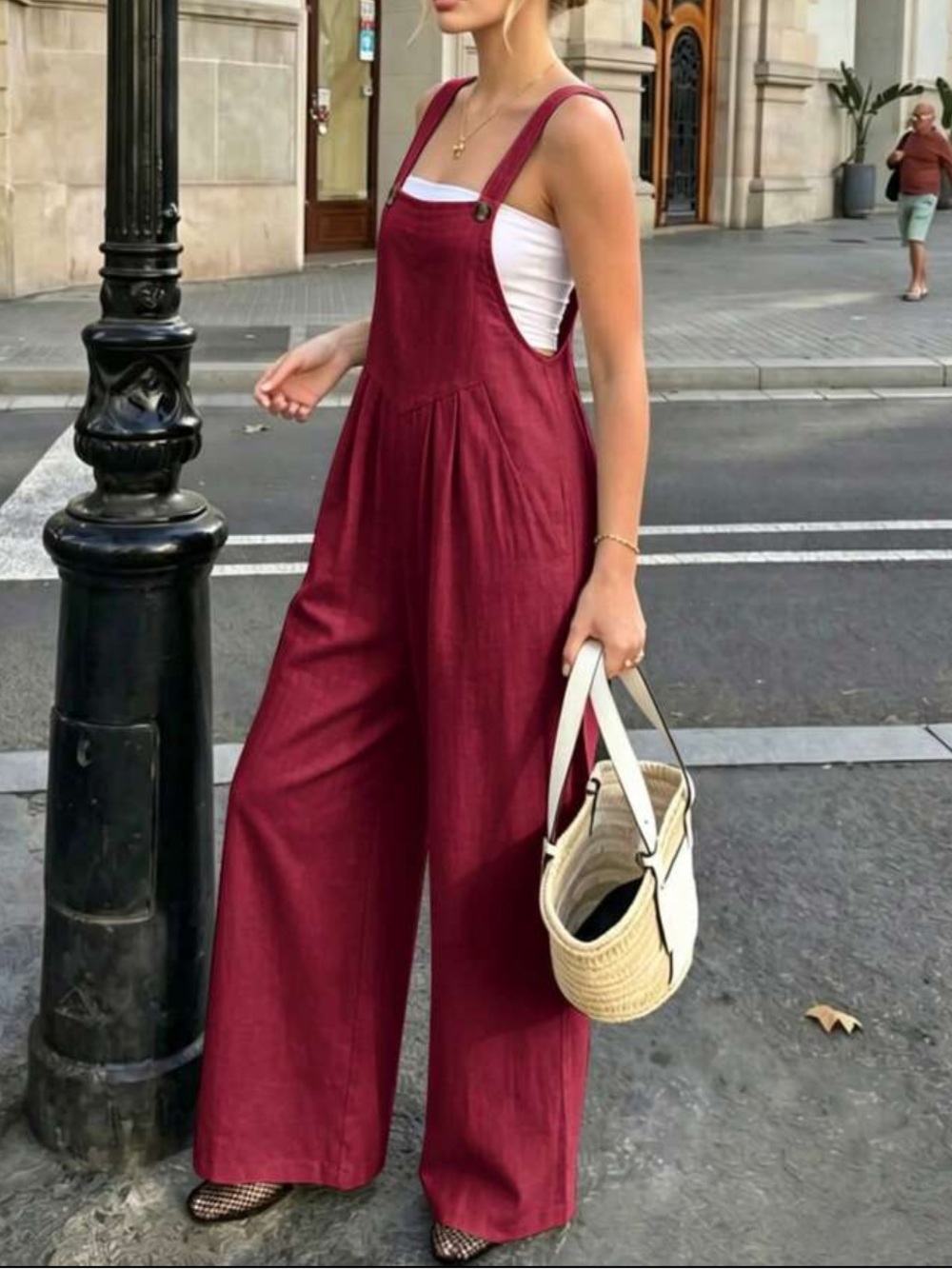 Classic Wide-Leg Burgundy Linen Overalls - Women's Jumpsuit